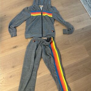 Aviator Nation Gray Track Pants with Rainbow Stripes